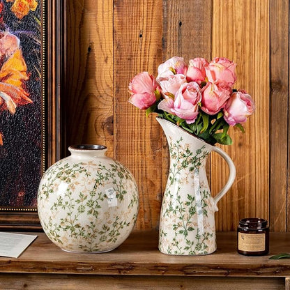 Green and Beige Pitcher Vase, Handcrafted Pastoral Ceramic Floral Vase, Vintage Farmhouse Flower Vase for Home Decor, Chinoiserie Tuscan Cottage Core Decor, Rustic Table Centerpiece 7.3 in