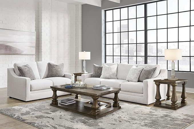 Signature Design by Ashley Maitelynn Contemporary Loveseat with Accent Pillows, Reversible Cushions and Sloped Arms, Light Gray