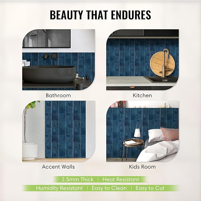 5 Pack Peel and Stick Backsplash Square Tiles, Extra Thick 3D Wall Panels, Heat & Water Resistant, Easy DIY Kitchen, Bathroom, Laundry, Fireplace & Rental Home Wall Décor (12 x 12 in), Blue