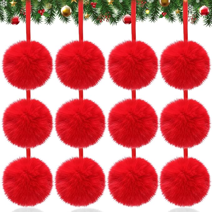 24 Pcs Red Furry Christmas Ball Ornaments for Tree 3.94 Inches Large Pom Pom Ball Christmas Hanging Decoration for Party Supplies Fireplace Mantel Wall Decor