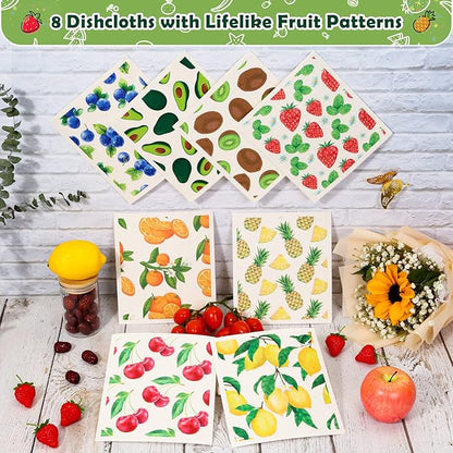 Lucomb Swedish Dish Cloths 8 Pack Reusable Quick Dry Kitchen Dish Towels, Mixed Fruit