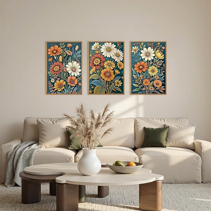HOURIA Retro Boho Flower Framed Canvas Wall Art Set,Colorful Wilderness Floral with Green Leaves Wall Decor,Nature Botanical Wall Painting,Vintage Bouquet Art Prints for Living Room, Bedroom-16"x24"x3