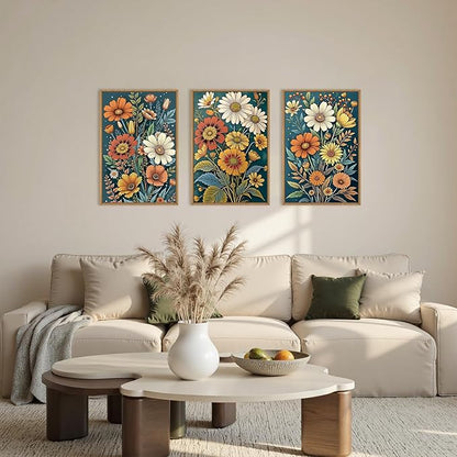 HOURIA Retro Boho Flower Framed Canvas Wall Art Set,Colorful Wilderness Floral with Green Leaves Wall Decor,Nature Botanical Wall Painting,Vintage Bouquet Art Prints for Living Room, Bedroom-24"x36"x3