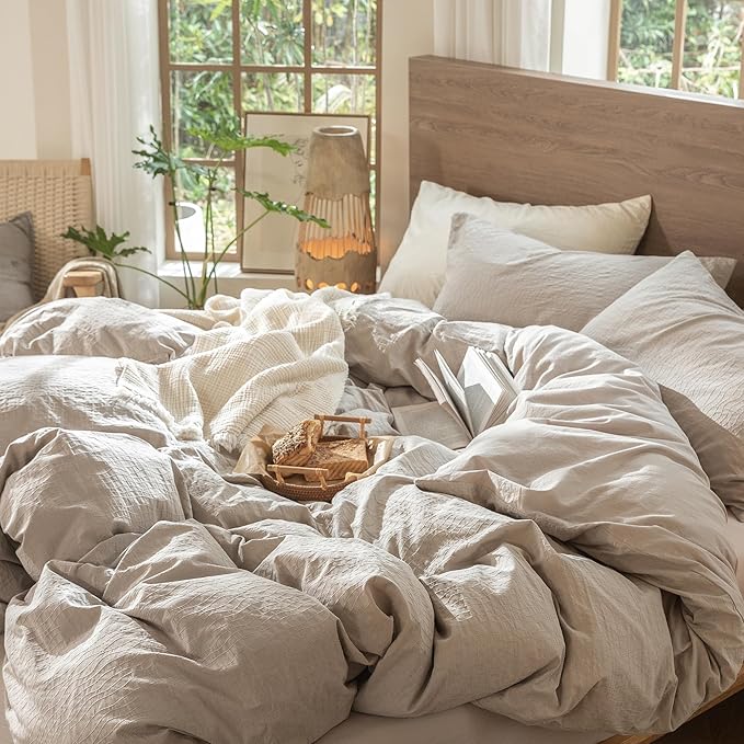 MooMee Wavy Striped Duvet Cover Set 100% Washed Cotton Linen Like Textured Breathable Durable Soft Comfy (Beige, Palatial King/Oversized King 120"x98")