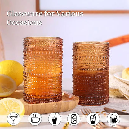 Tarracotta Hobnail Glasses Drinking Set of 4, 12 oz Cocktail Glasses, Tarracotta Vintage Glassware for Beer, Cocktail, Soda, Juice, Coffee and Various Mixed Drinks