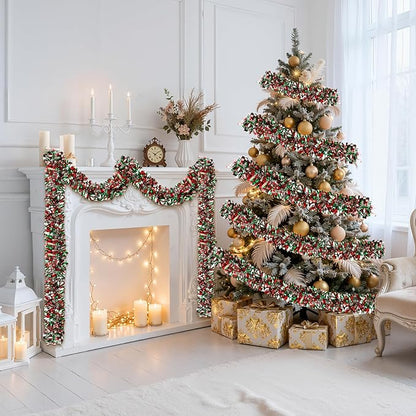 50FT Christmas Tinsel Garland, Red Green&Silver Metallic Twist Shiny Hanging Garland Ornaments for Christmas Tree, Party Supplies Thick Metallic Xmas Streamers