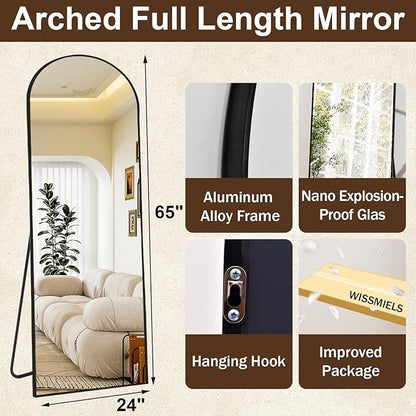 65" x 24"Arched Full Length Mirror - Wall Mounted Floor Mirror- Aluminum Alloy Frame Full Body Mirror for Bathroom Living Room Bedroom and Entryway Black
