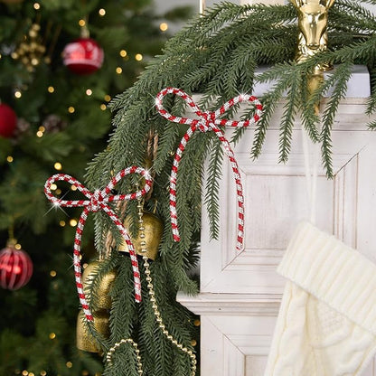 FLAIR GIFTS 6 Pcs 4.3" x 6" 2025 Christmas Bows for Tree Decor, Candy Cane Sparkly Glitter Rhinestone Bow Ornaments with Twist Tie for Xmas Decoration, Wreath, Garland, Gift Wrapping