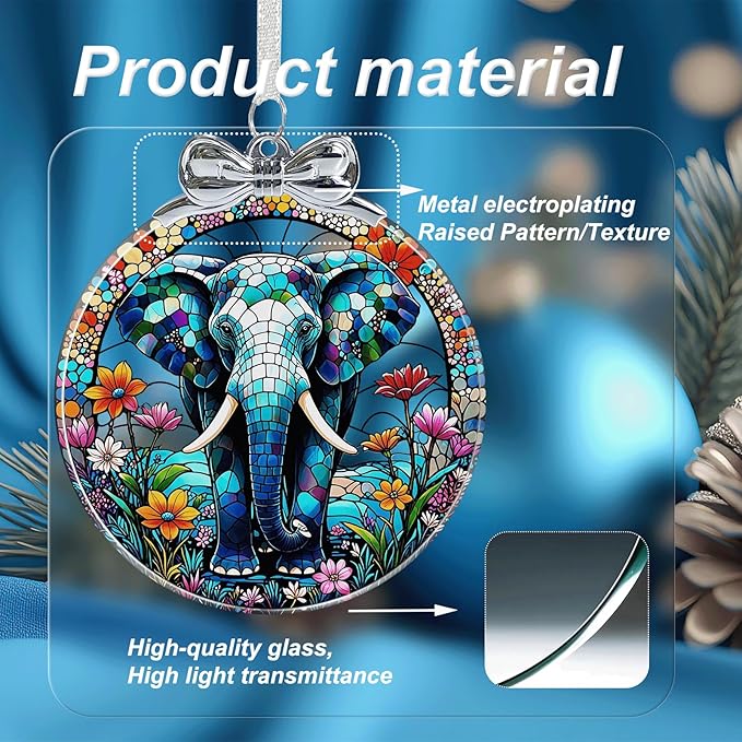 Elephant Christmas Ornament for Christmas Decorations Crystal Glass- Xmas Gifts for Elephant Lover, Holiday Keepsake Present Exchange Ideas
