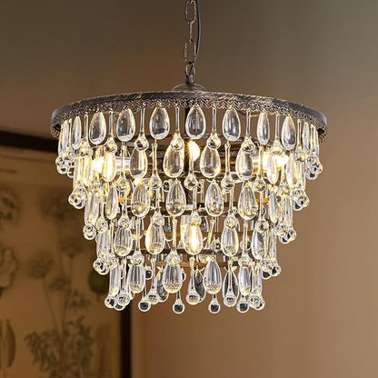 Vintage Crystal Chandeliers for Dining Room Light Fixture, 6-Light 5-Tier Antique Bronze Chandelier for Kitchen Island Bar Living Room Foyer Entryway, D20 xH17