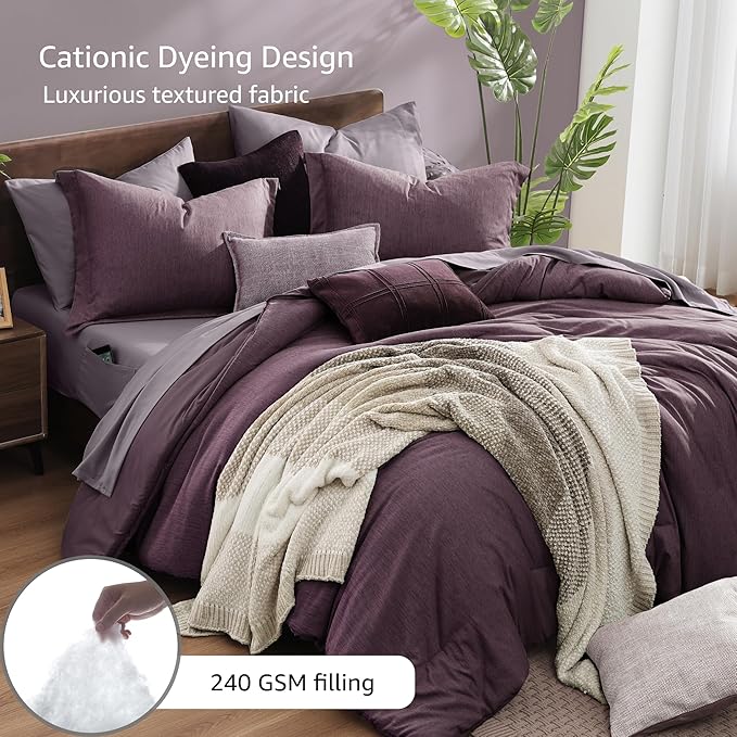 Monbix King Size Comforter Set, Italian Plum King Bedding Set Reversible, 7 Pieces, Cationic Dyeing Bed in a Bag King with Comforter, Sheets, Pillowcases & Shams
