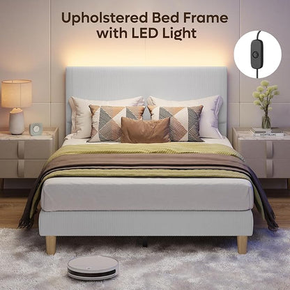 Bestier Full Bed Frame with Adjustable Headboard, LED Lighting, Vertical Channel Tufted Corduroy Upholstered, Solid Wooden Slats Support, No Box Spring Needed, Never Squeak, Easy Assembly, Light Grey