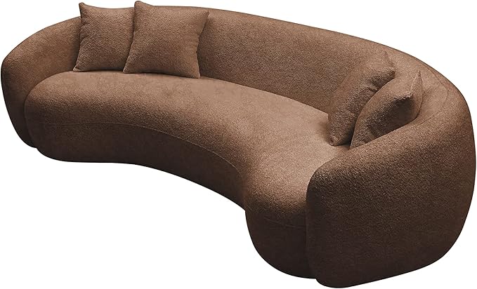 KEIKI 103" Boucle Half Moon Curved Sectional Sofa with 4 Throw Pillows, Modern 5-Seater Teddy Fleece Leisure Couch with Curved Backrest, Easy Assembly, for Living Room, Bedroom, Brown