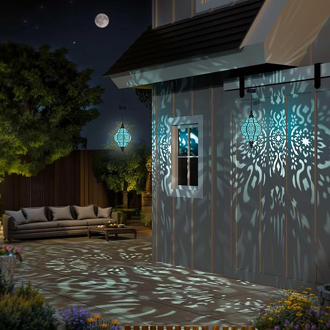 Hanging Solar Lights Outdoor Garden Decor Solar Lantern Waterproof Plastic Moroccan Outdoor Decorations for Patio Pathway Yard Backyard Garden Decorative (1, Black)