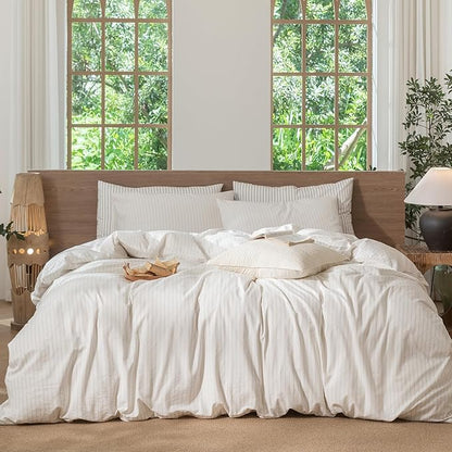 MooMee Striped Duvet Cover Set 100% Washed Cotton Linen Like Textured Breathable Durable Soft Comfy (White Almond Milk Grey Wide Stripes, Full 80"x90")