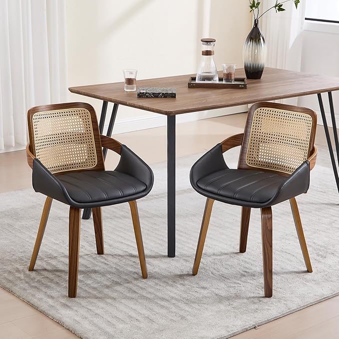 Dining Chairs Set of 2, Mid Century Modern Dining Room Chairs with Arms and Rattan Back PU Leather Upholstered Bentwood Kitchen Chairs for Home Restaurant Office - Black