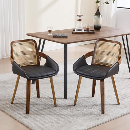 Dining Chairs Set of 2, Mid Century Modern Dining Room Chairs with Arms and Rattan Back PU Leather Upholstered Bentwood Kitchen Chairs for Home Restaurant Office - Black