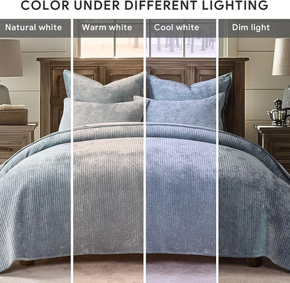 EVERGRACE Velvet Quilt Set King Size, Luxurious Soft Quilted Bedding Sets, Lightweight Velvet Comforter for All Season, Striped Channel Bedspread Coverlet with 2 Shams, 104" x 92", Blue Linen