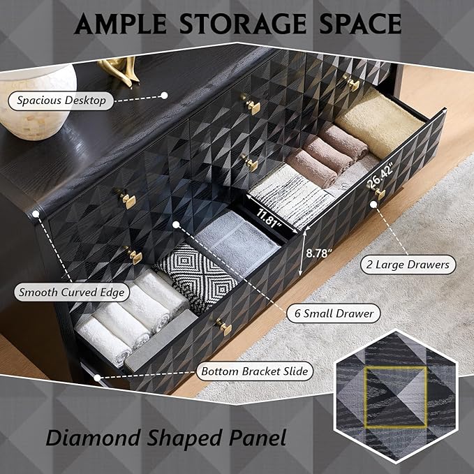 Modern 8 Drawer Dresser for Bedroom, Wooden Large Dressers &Chests of Drawers w/Two Different Drawer Sizes, Mid Century Modern Dresser w/Diamond Panel Decorate for Bedroom, Curved Profile Design,Black