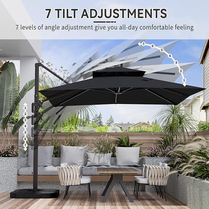 10' X 10' Cantilever Patio Umbrella Outdoor with Base Included Heavy Duty Double Top Windproof Square Offset Umbrellas with 360-degree Rotation for Pool Deck Backyard, Black