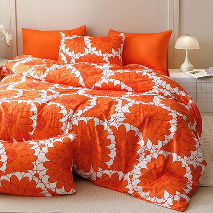 CLOTHKNOW Sunflower Comforter Set Twin/Twin XL Floral Bedding Comforter Sets Dark Orange White Farmhouse Botanical Comforter with 2 x Pillow Cases