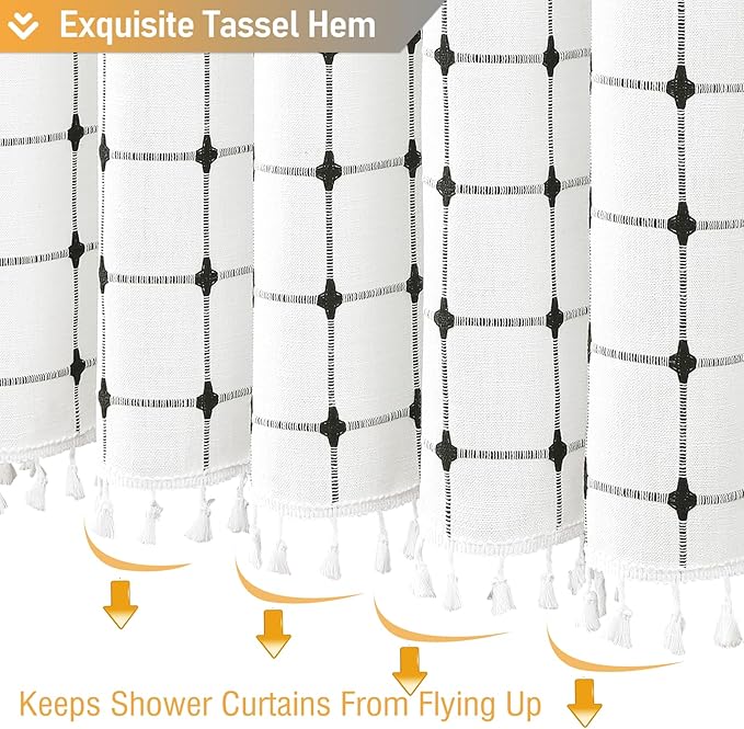 BTTN White and Black Boho Shower Curtain - Linen Rustic Farmhouse Heavy Duty Fabric Shower Curtain Set with Tassel, Water Repellent, Bohemian Vintage Country Cloth Shower Curtains for Bathroom, 72x72