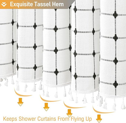BTTN White and Black Boho Shower Curtain - Linen Rustic Farmhouse Heavy Duty Fabric Shower Curtain Set with Tassel, Water Repellent, Bohemian Vintage Country Cloth Shower Curtains for Bathroom, 72x72