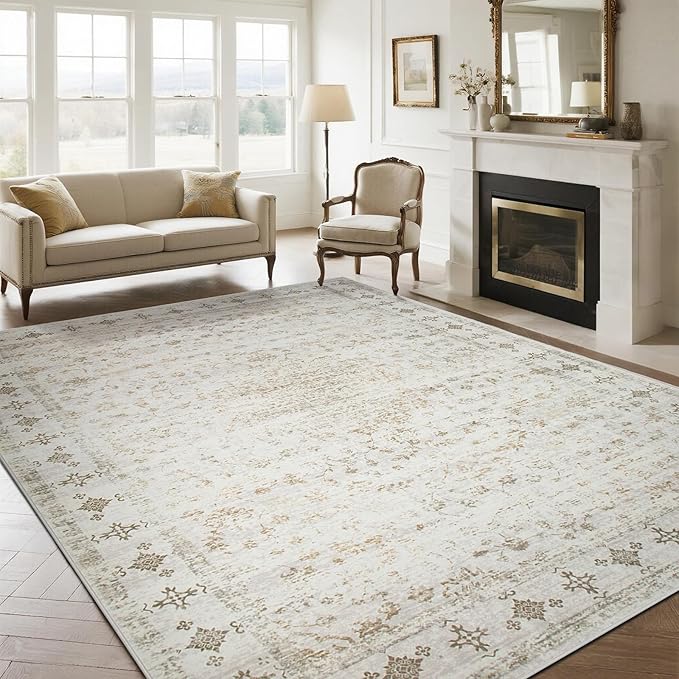 Washable Rugs 8x10 Area Rugs for Living Room,Rugs for Bedroom,Large Carpets,Ultra Soft Faux Wool Retro Dining Room Rug,Non Slip&Non-Shedding Low Pile Vintage Print Rug for Home Office-Beige