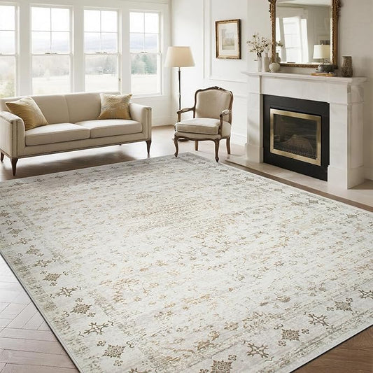 Washable Rugs 8x10 Area Rugs for Living Room,Rugs for Bedroom,Large Carpets,Ultra Soft Faux Wool Retro Dining Room Rug,Non Slip&Non-Shedding Low Pile Vintage Print Rug for Home Office-Beige