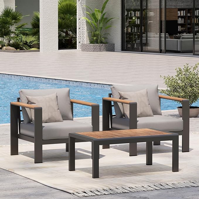 Aluminum Outdoor Seating Bistro Set, 3 Piece Outdoor Patio Furniture Set with Washable Thick Cushion Outdoor Chair, Patio Sectional Furniture Set for Porch, Balcony, Deck, Yard, Gray