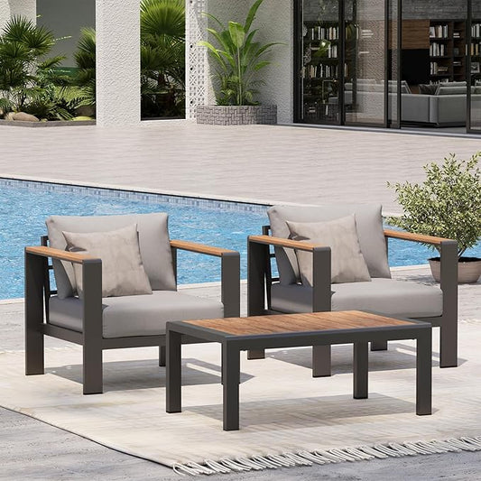 Aluminum Outdoor Seating Bistro Set, 3 Piece Outdoor Patio Furniture Set with Washable Thick Cushion Outdoor Chair, Patio Sectional Furniture Set for Porch, Balcony, Deck, Yard, Gray