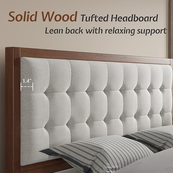 Jocisland Wood Full Size Bed Frame,Tall Upholstered Tufted Headboard, Solid Wood Platform, No Box Spring Needed, Walnut