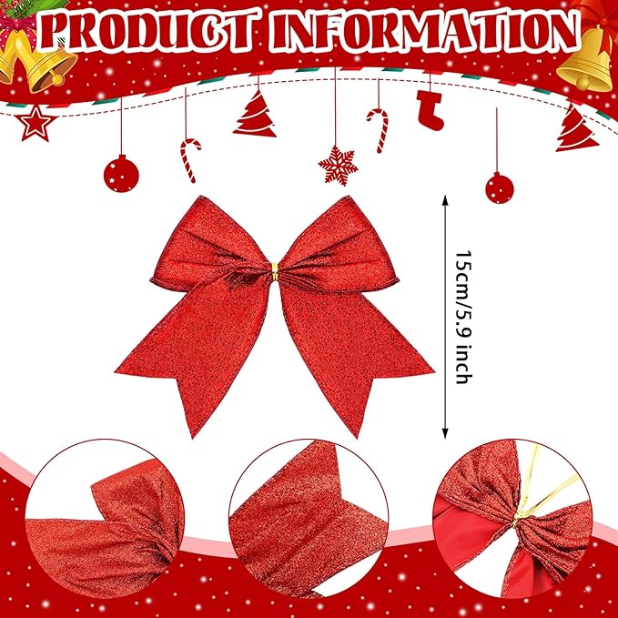 Cindeer 24 Pcs Red Christmas Bow Decorations 6 x 6 Inches, Glitter Holiday Ornaments Sequin Ties Bows for Xmas Tree, Wreath, DIY Crafts, Gift Wrapping, Party Decor