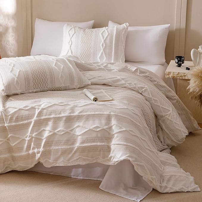 CLOTHKNOW Boho White Comforter Set California King 3Pcs Farmhouse Bedding Comforter Sets Clipped Jacquard Stripes Comforter White Khaki Comforter