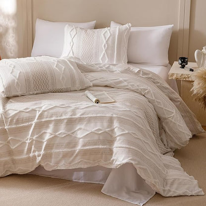 CLOTHKNOW Boho White Comforter Set California King 3Pcs Farmhouse Bedding Comforter Sets Clipped Jacquard Stripes Comforter White Khaki Comforter