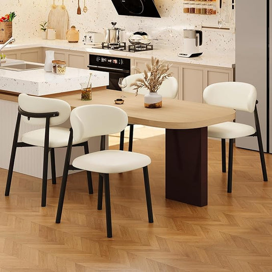 Kitchen Dining Chairs Set of 4 Modern Upholstered Leather Farmhouse Dining Room Chair with Metal Legs, Black/Beige