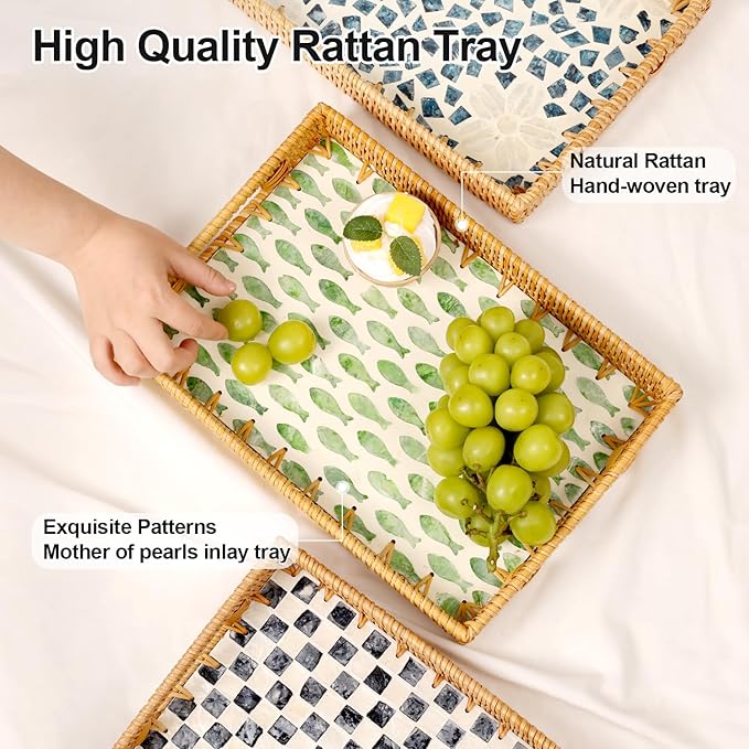 Rectangle Rattan Tray with Mother of Pearl Inlay, Rattan Serving Tray with Handle for Coffee, Bread, Fruits, Snacks, Decorative Wicker Tray for Table Decor (Rectangle Green Fish, 13"×9")