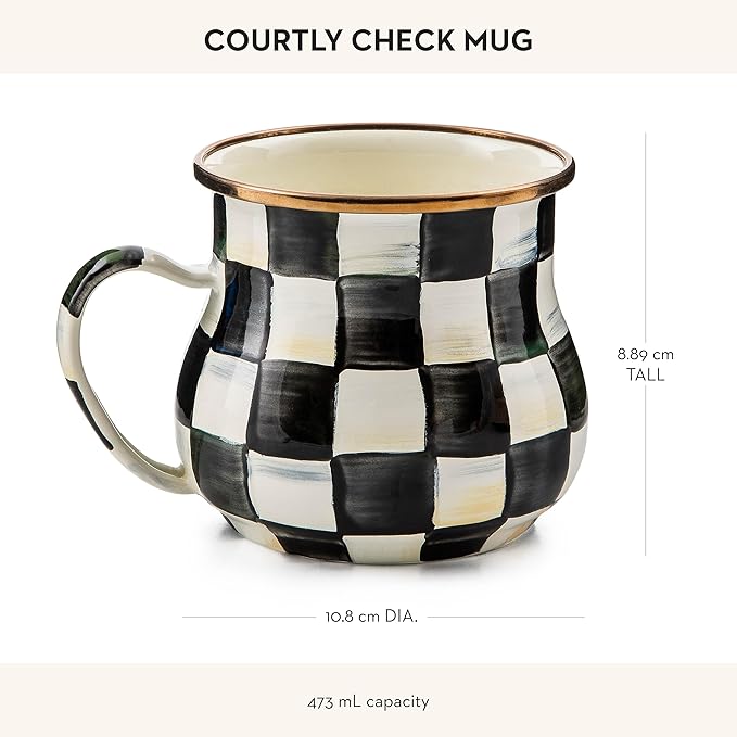 MACKENZIE-CHILDS Enamel Mug, Cute Enamelware Coffee and Tea Mug, Unique Drinkware, 16 Ounces, Black-and-White Courtly Check, Set of 1