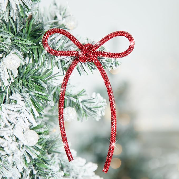 FLAIR GIFTS 6 Pcs 4.3" x 6" 2025 Christmas Red Bows for Tree Decor, Sparkly Glitter Rhinestone Bow Ornaments with Twist Tie for Xmas Decoration, Wreath, Garland, Gift Wrapping