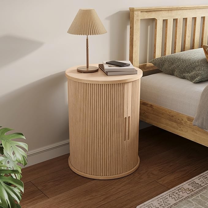 LINSY Round Fluted Nightstand, Mid Century Modern Tall Side Table with Storage, End Table with Sliding Tambour Doors, Adjustable Shelf, Small Wood Bedside Table for Bedroom, Living Room, Oak