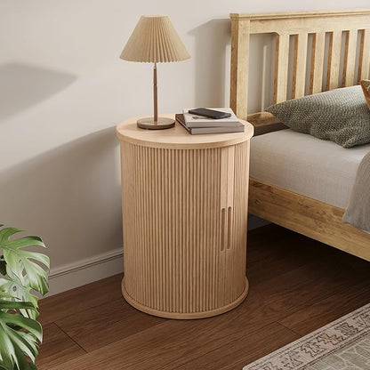 LINSY Round Fluted Nightstand, Mid Century Modern Tall Side Table with Storage, End Table with Sliding Tambour Doors, Adjustable Shelf, Small Wood Bedside Table for Bedroom, Living Room, Oak