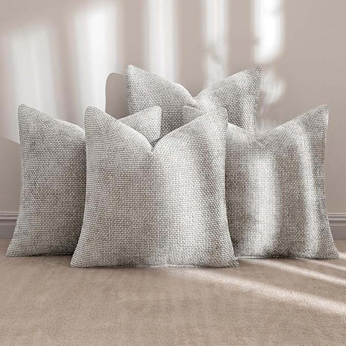MIULEE Pack of 4 Throw Pillow Covers 18x18 Inch Light Gray Soft Decorative Chenille Pillow Covers Farmhouse Accent Cushion Covers for Boho Home Decor Bedroom Living Room