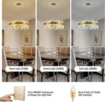 Siljoy Modern Crystal Chandelier 12-Light Brushed Gold 2-Tiers Crystal Raindrop Chandelier Adjustable Flush Mount Pendant Ceiling Light Fixture for Dining Living Room Foyer Entryway D23.6''