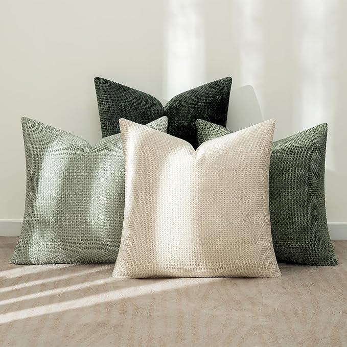 MIULEE Pack of 4 Christmas Throw Pillow Covers 20x20 Inch Neutral Green Soft Decorative Chenille Pillow Covers Farmhouse Accent Cushion Covers for Boho Home Decor Bedroom Living Room
