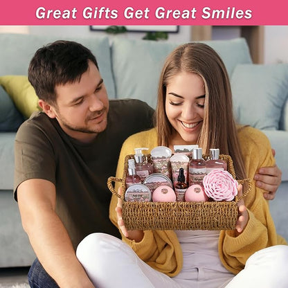 Bath Spa Gift Sets - Luxury Basket With Rose Oil & Peony - Spa Kit Includes Wash, Bubble Bath, Lotion, Bath Salts, Body Scrub, Body Spray, Shower Puff, Bathbombs, Soap and Towel
