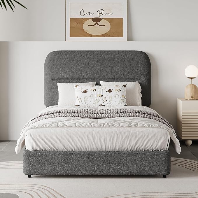 Twin Bed Frame Twin with Rounded Headboard, Soft Modern Twin Size Boucle with Thickened Footboard, Rounded Corners, No Box Spring Needed, Easy Assembly, Grey