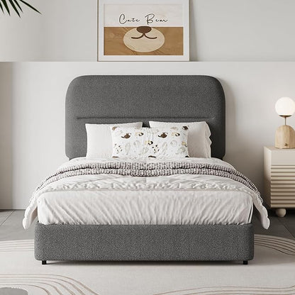 Twin Bed Frame Twin with Rounded Headboard, Soft Modern Twin Size Boucle with Thickened Footboard, Rounded Corners, No Box Spring Needed, Easy Assembly, Grey
