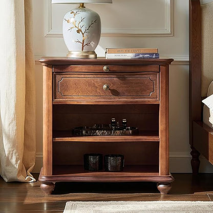 HULALA HOME Wooden Nightstand with Pull-Out Shelf, Mid Century Modern Nightstand with Solid Wood Drawers and Legs, Adjustable Storage, Brown