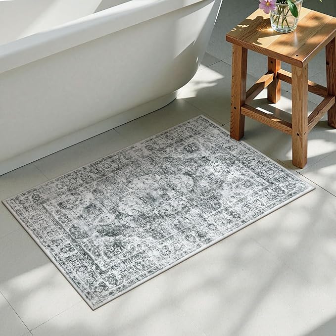 Uphome Boho Bathroom Rugs, Distressed Farmhouse Gray Bath Mat, Comfy Velvet Small Bath Rugs Non Slip Washable, Vintage Oriental Toilet Rug for Sink Shower Vanity, 20x32 inch