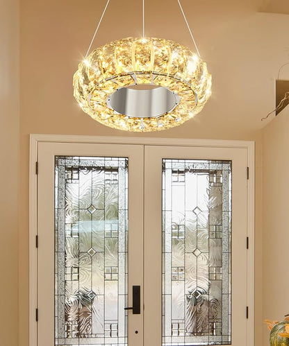 8" Ring Modern LED Dimmable Crystal Chandelier Adjustable Height Pendant Light Round Crystal Chandelier Light Fixtures for Dining Room Living Room Kitchen Island Silver